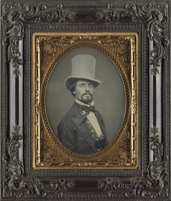(CASED IMAGES) A quarter-plate daguerreotype of a handsome man wearing a fur top hat and a floral vest.
